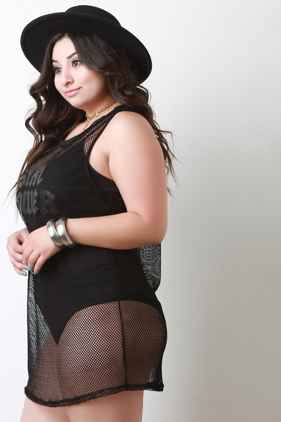 Girl Power Fishnet Crew Neck Cover Up Mini Dress - NoveltyOne