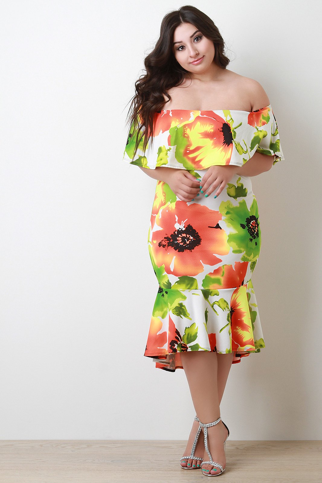 Ruffle Tiered Bardot Peplum Hem Floral Midi Dress