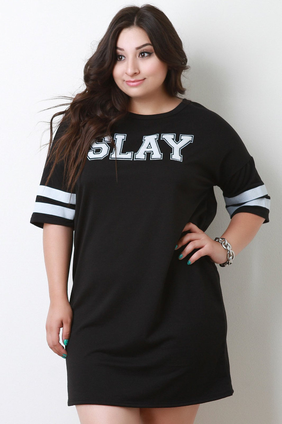 Slay Round Neck Striped Sleeve T-Shirt Dress