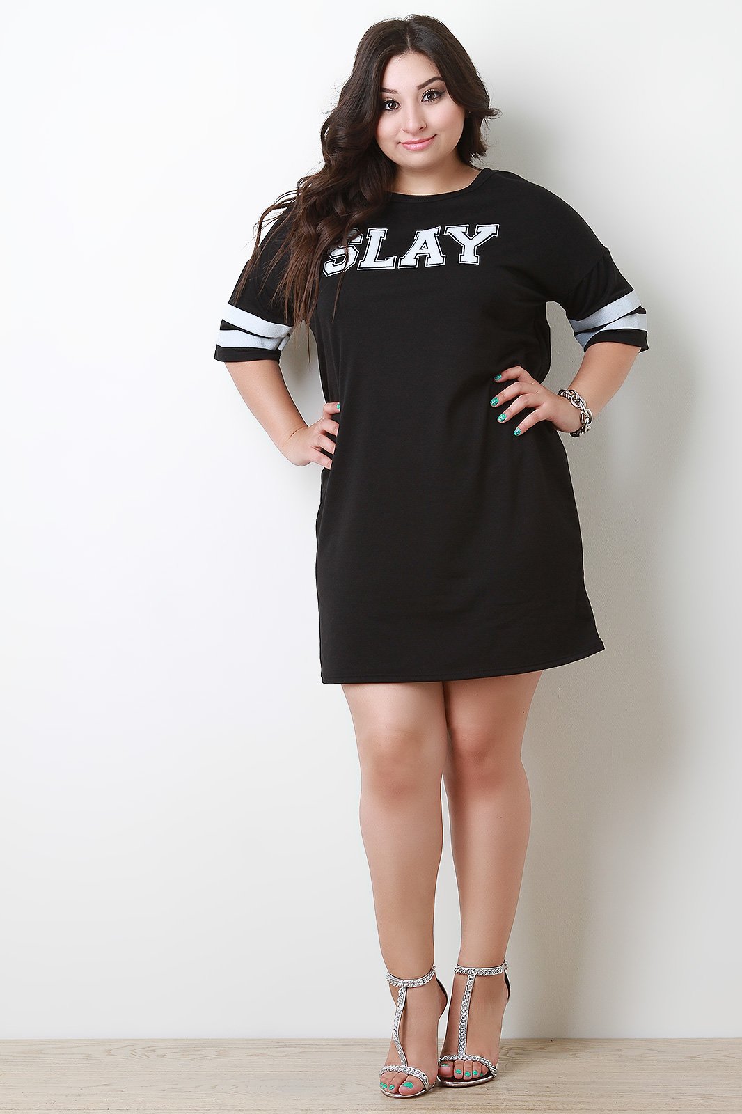 Slay Round Neck Striped Sleeve T-Shirt Dress