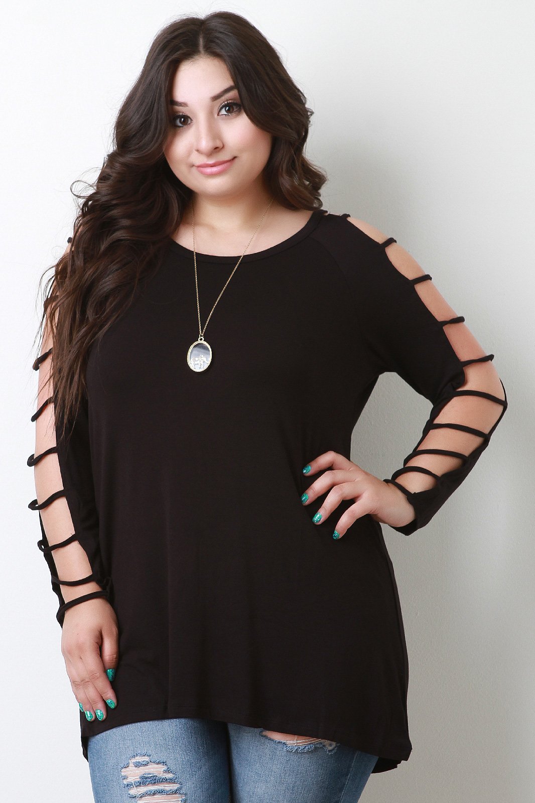 Jersey Knit Strappy Caged Long Sleeve Top