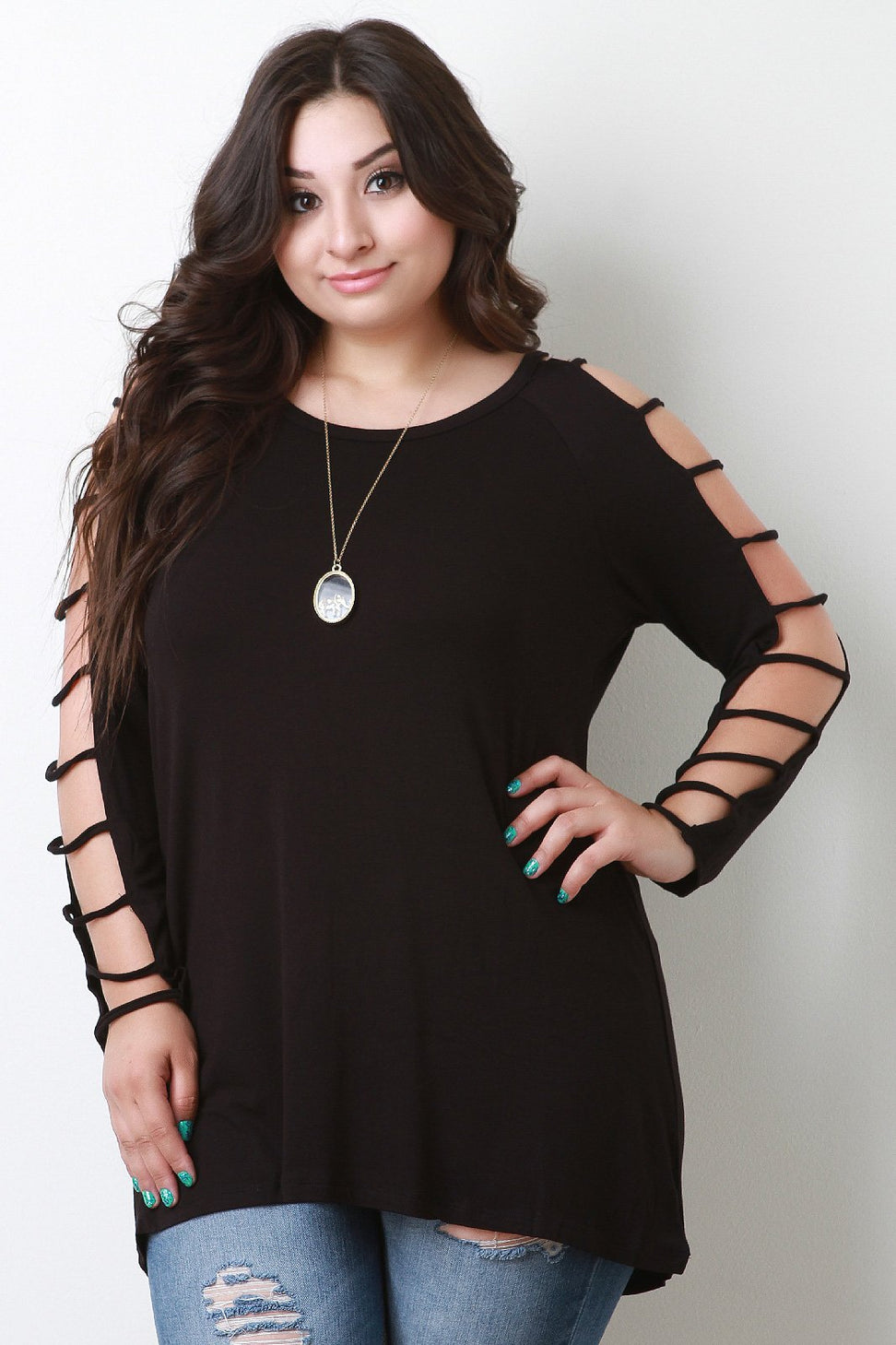 Jersey Knit Strappy Caged Long Sleeve Top