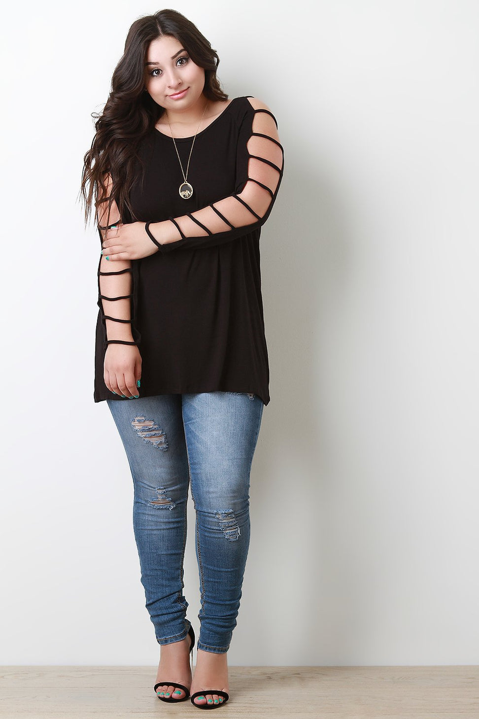 Jersey Knit Strappy Caged Long Sleeve Top