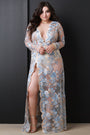 Floral Embroidery Mesh Plunging High Slit Maxi Dress - NoveltyOne