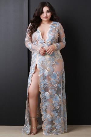 Floral Embroidery Mesh Plunging High Slit Maxi Dress - NoveltyOne