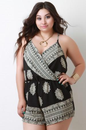 Filigree Print Sleeveless Surplice Romper - NoveltyOne