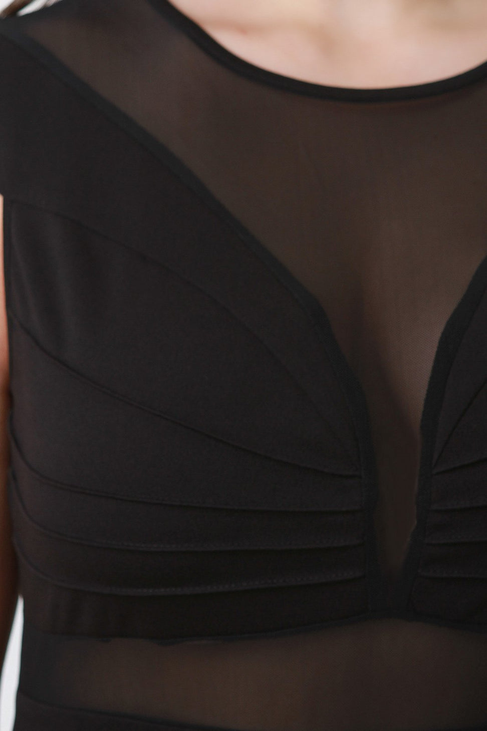 Pintuck Mesh Contrast Round Neck Midi Dress