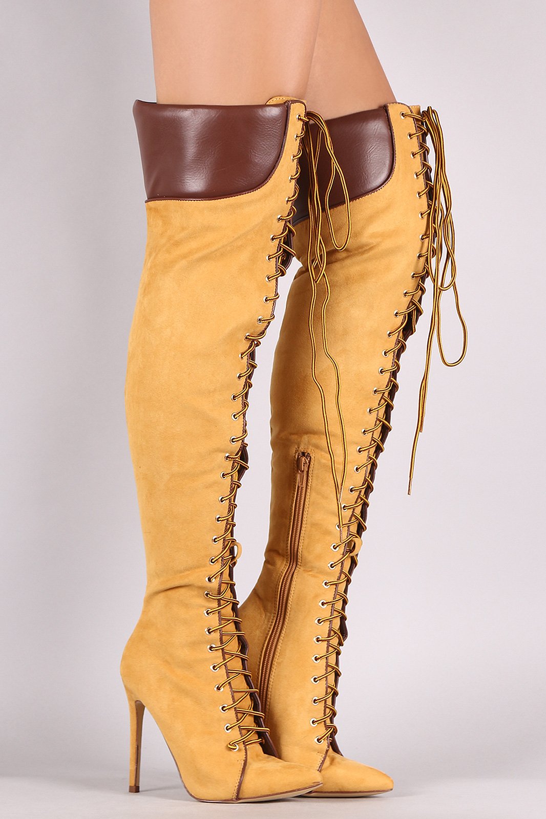 Liliana Suede Pointy Toe Lace-Up Over-The-Knee Boots - NoveltyOne