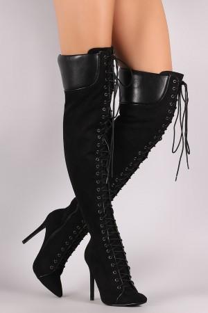 Liliana Suede Pointy Toe Lace-Up Over-The-Knee Boots - NoveltyOne