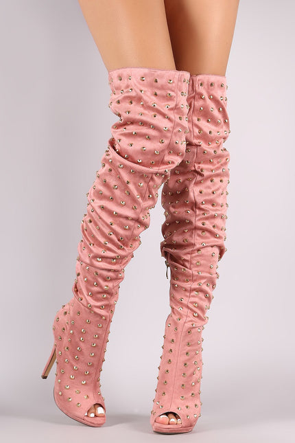 Liliana Studded Spike Suede Slouchy Over-The-Knee Boots - NoveltyOne