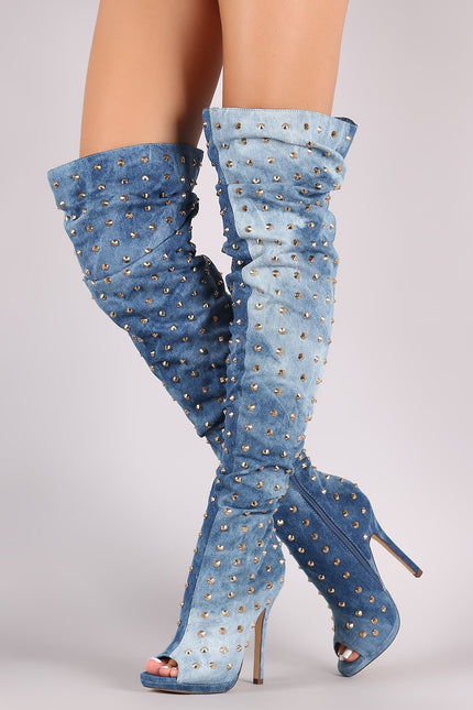 Liliana Studded Spike Denim Slouchy Over-The-Knee Boots - NoveltyOne