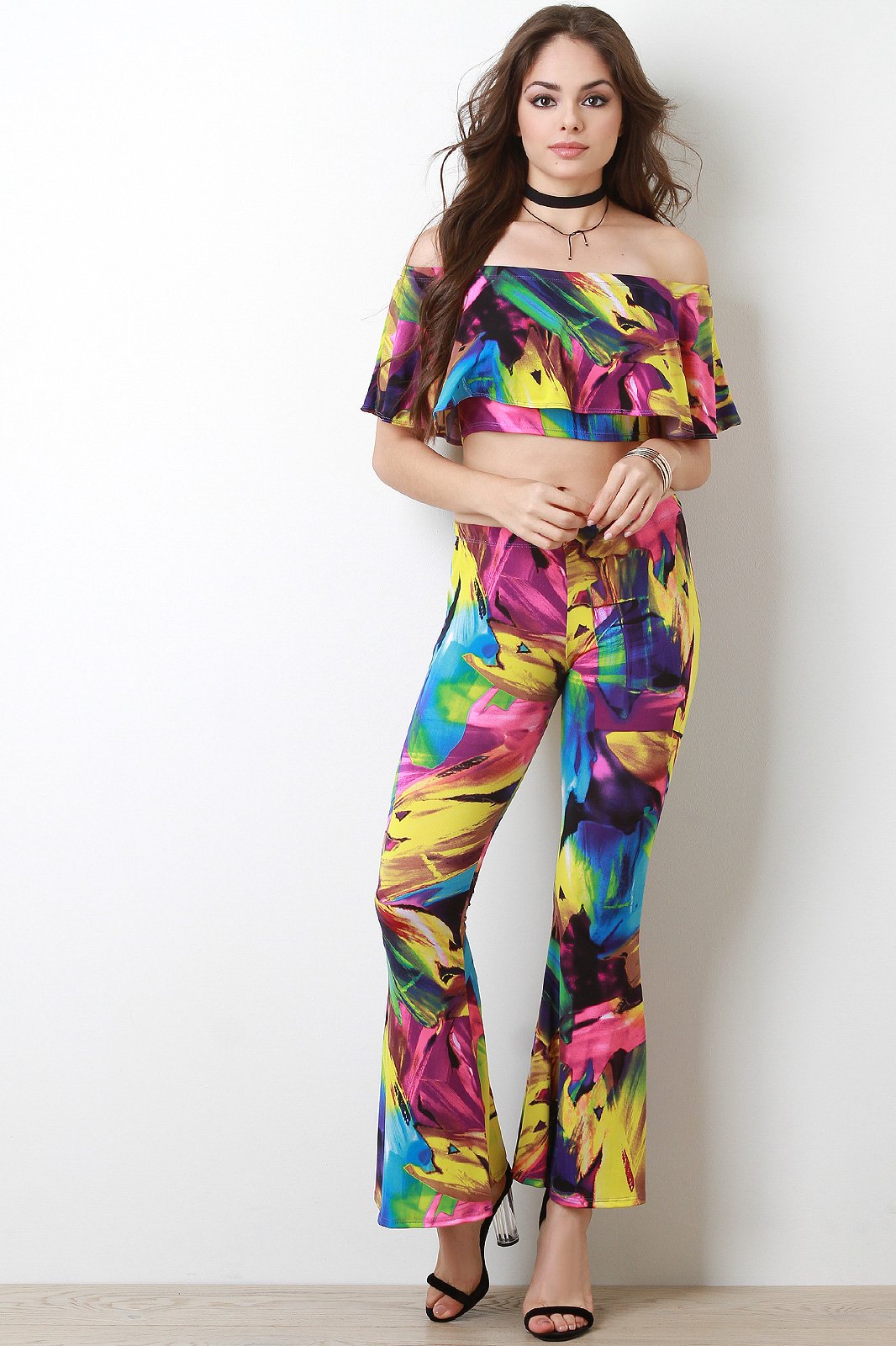 Color Stroke Flutter Bardot With Flare Pants Set