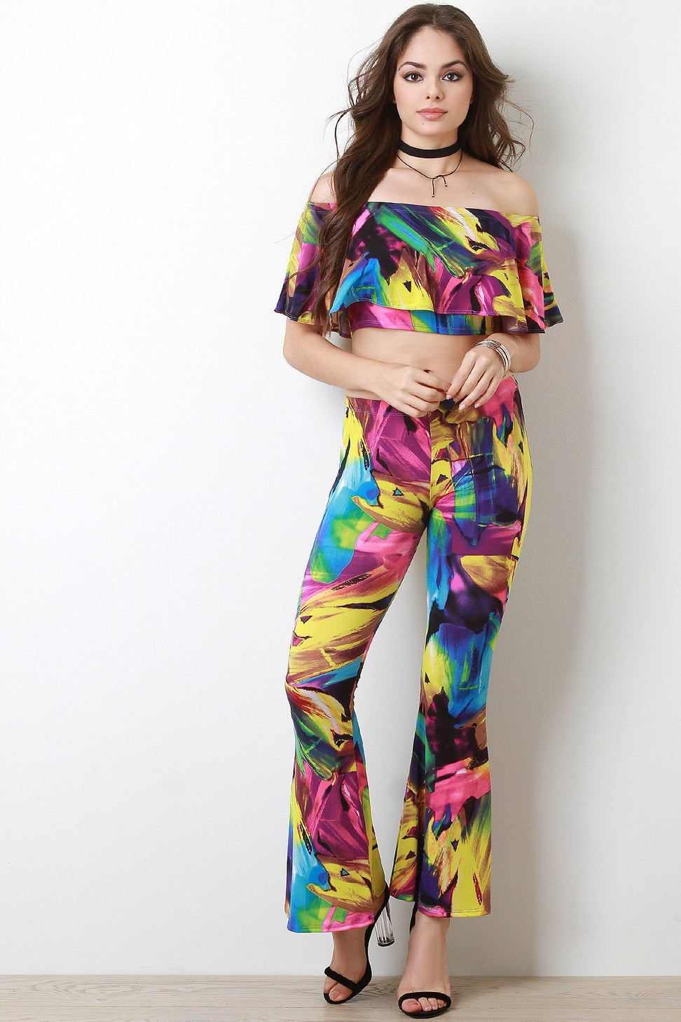 Color Stroke Flutter Bardot With Flare Pants Set
