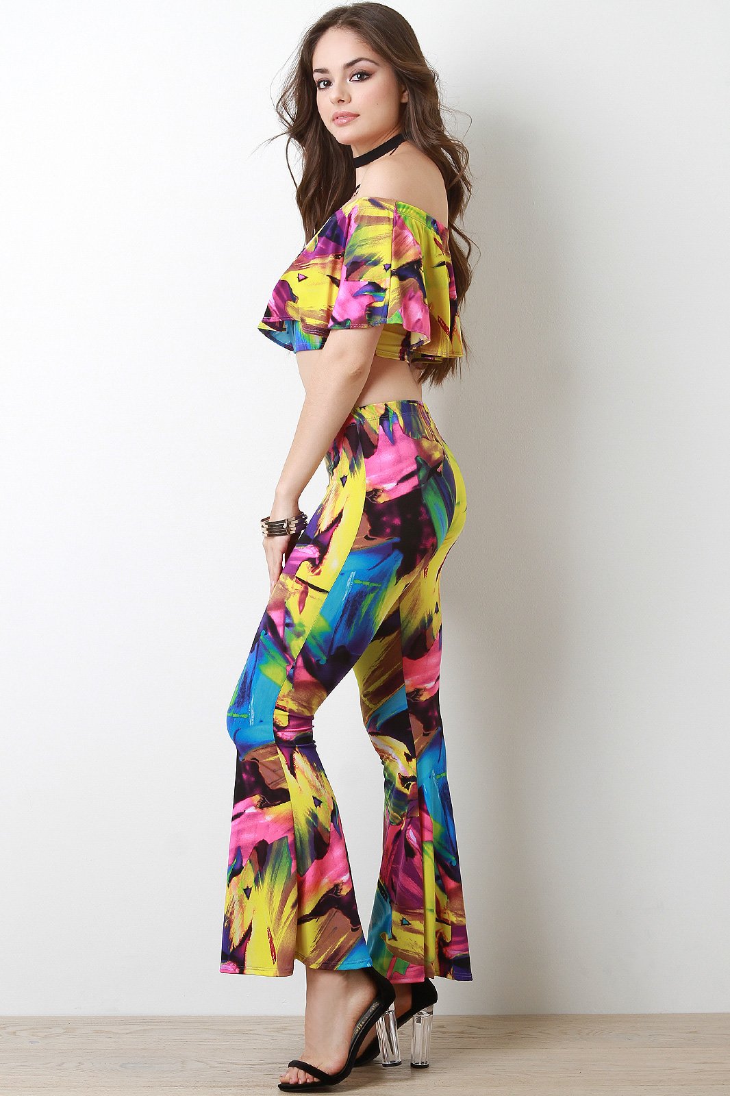 Color Stroke Flutter Bardot With Flare Pants Set