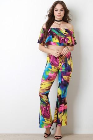 Color Stroke Flutter Bardot With Flare Pants Set