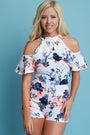 Floral Print Tiered Ruffle Cold Shoulder Romper