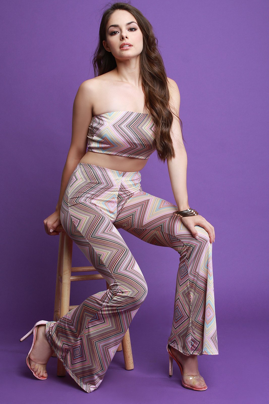Geo Pattern Tube Top With High Waist Flare Pants Set - NoveltyOne