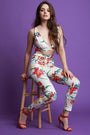 Floral Sleeveless V-Neck Open Midriff Fitted Jumpsuit