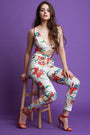Floral Sleeveless V-Neck Open Midriff Fitted Jumpsuit