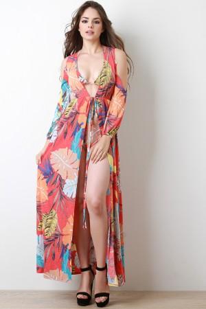 Paradise Leafy Floor Swept Cardigan Cover-Up
