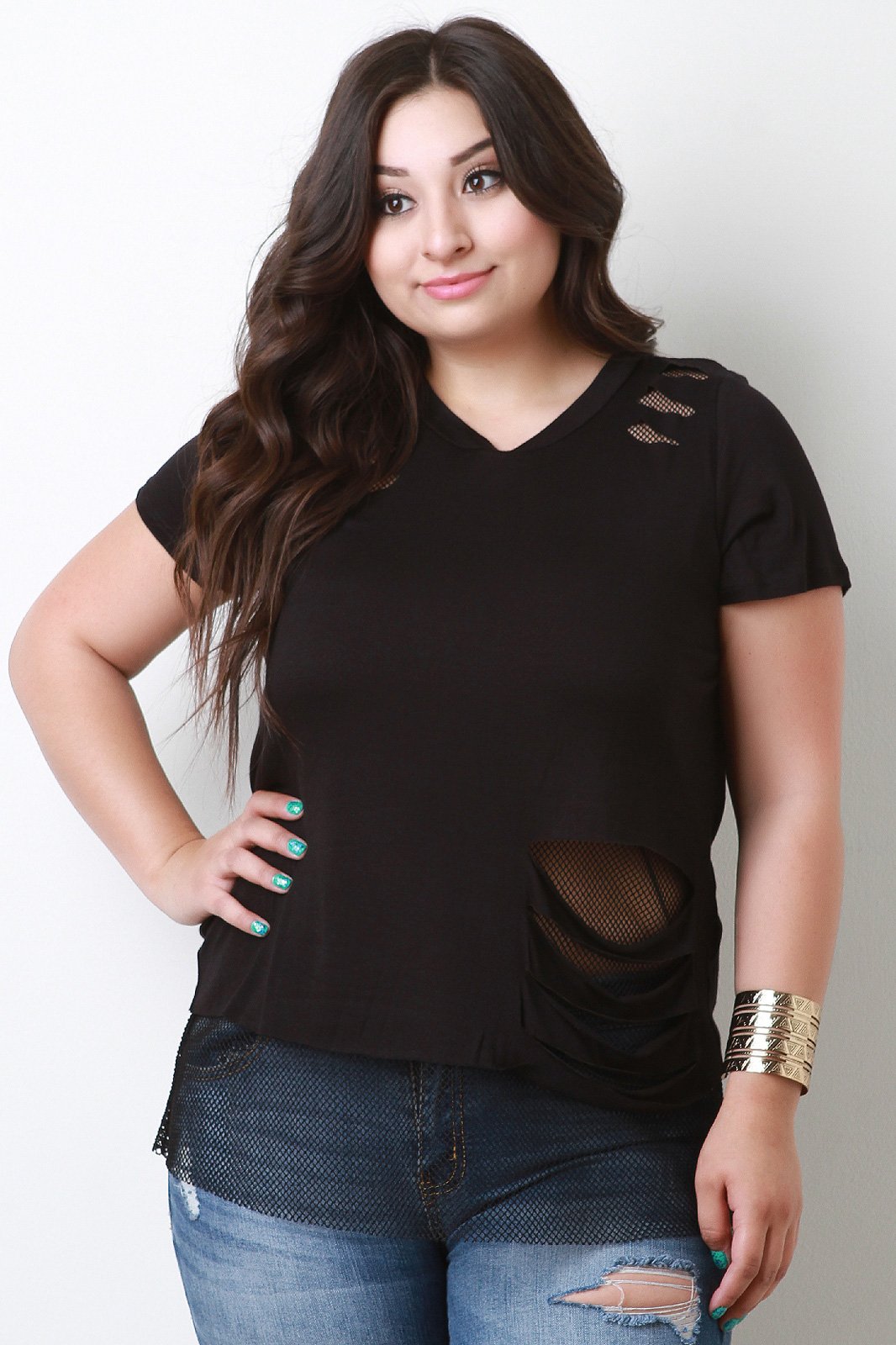 Distress Tee With Fishnet Underlay Top - NoveltyOne