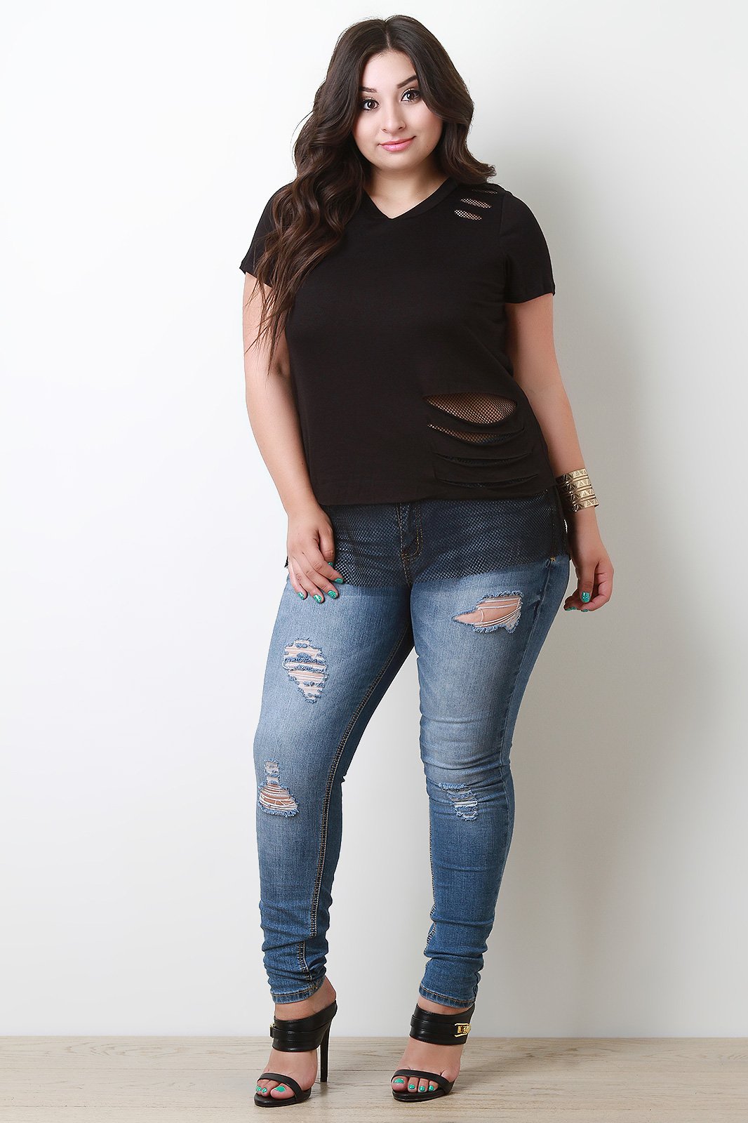 Distress Tee With Fishnet Underlay Top - NoveltyOne