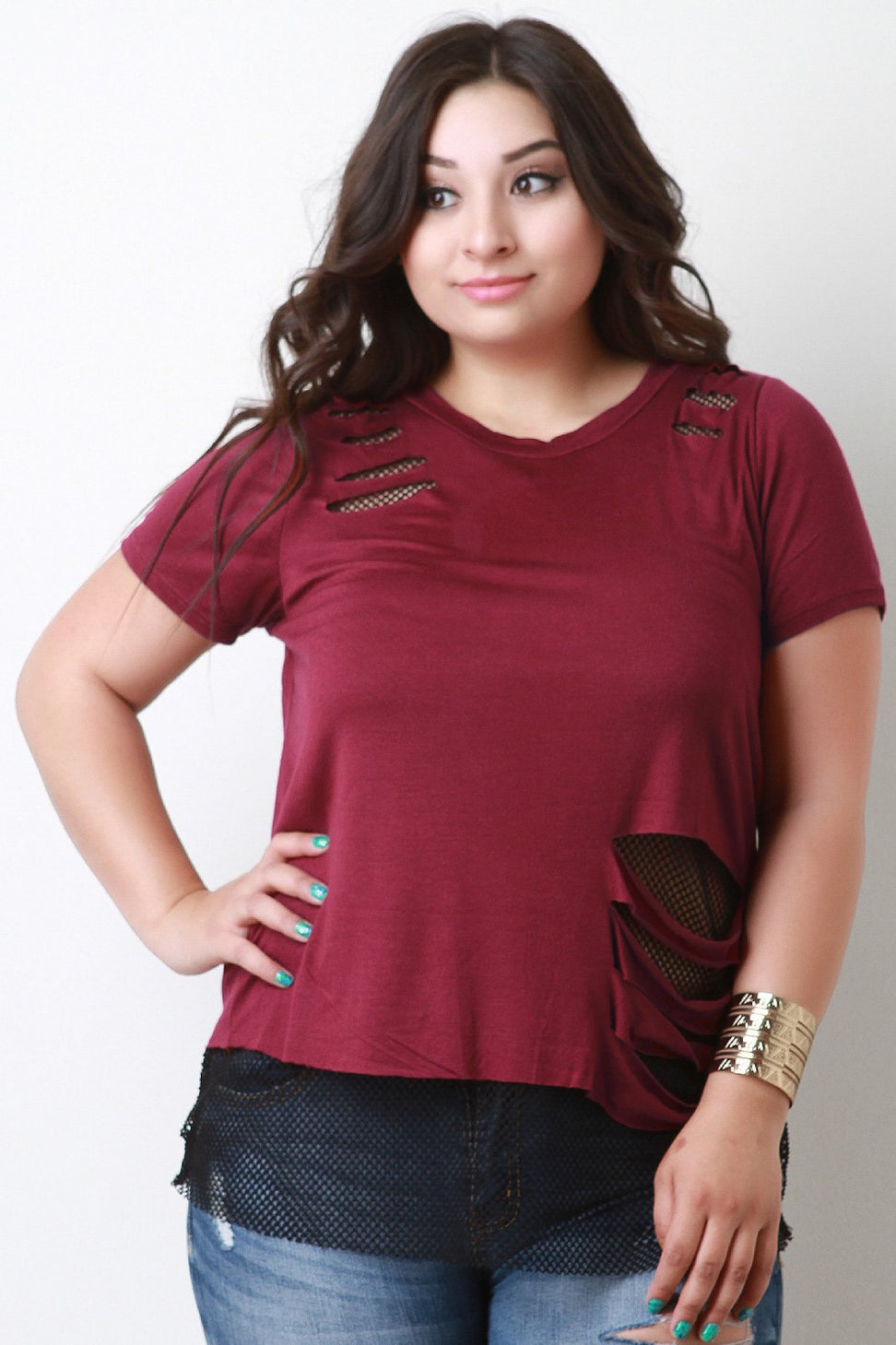 Distress Tee With Fishnet Underlay Top - NoveltyOne