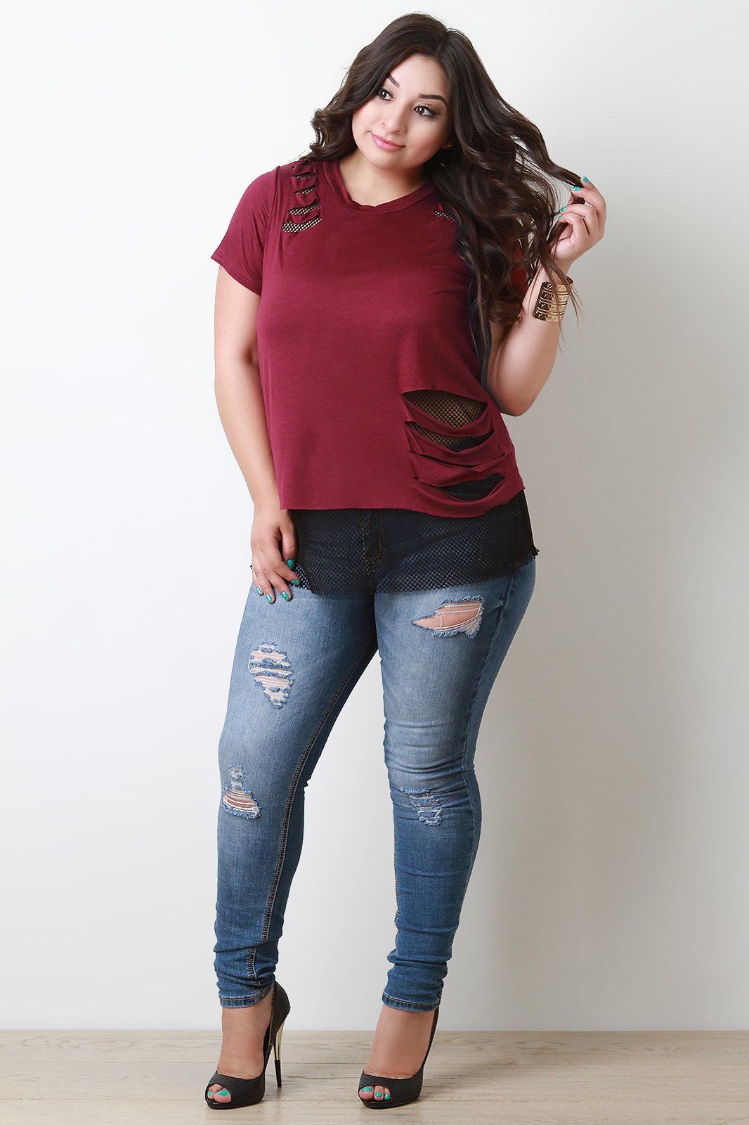 Distress Tee With Fishnet Underlay Top - NoveltyOne