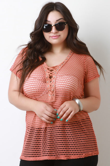 Honeycomb Mesh Lace-Up Top