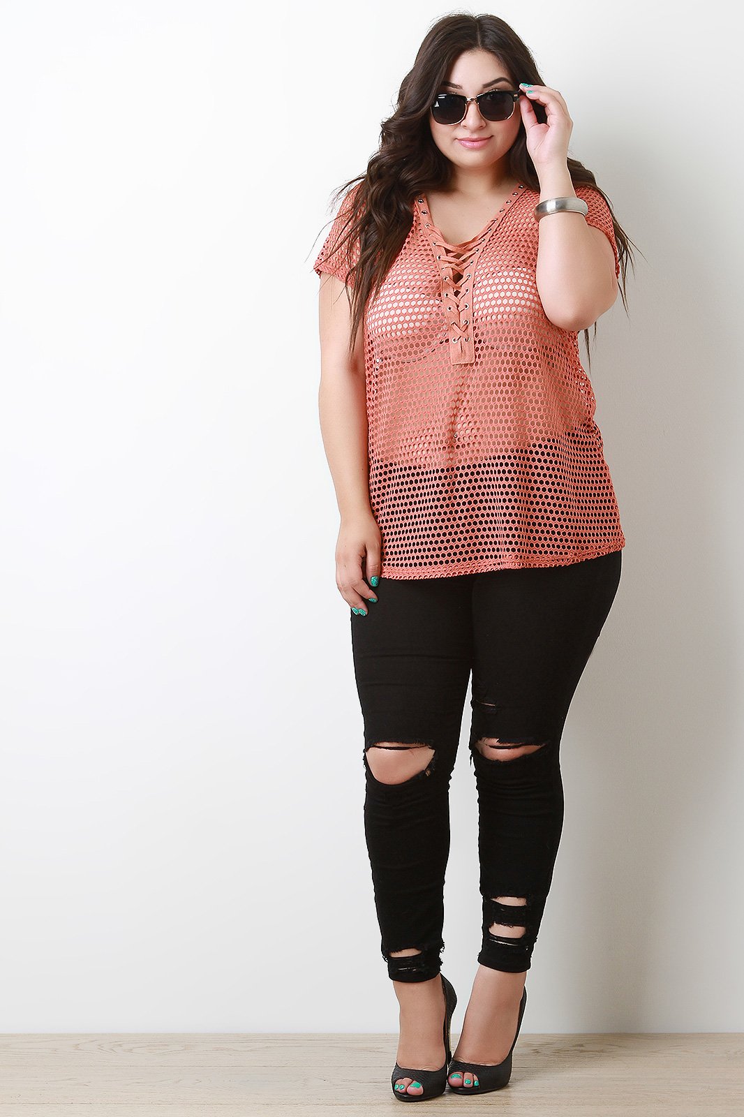 Honeycomb Mesh Lace-Up Top