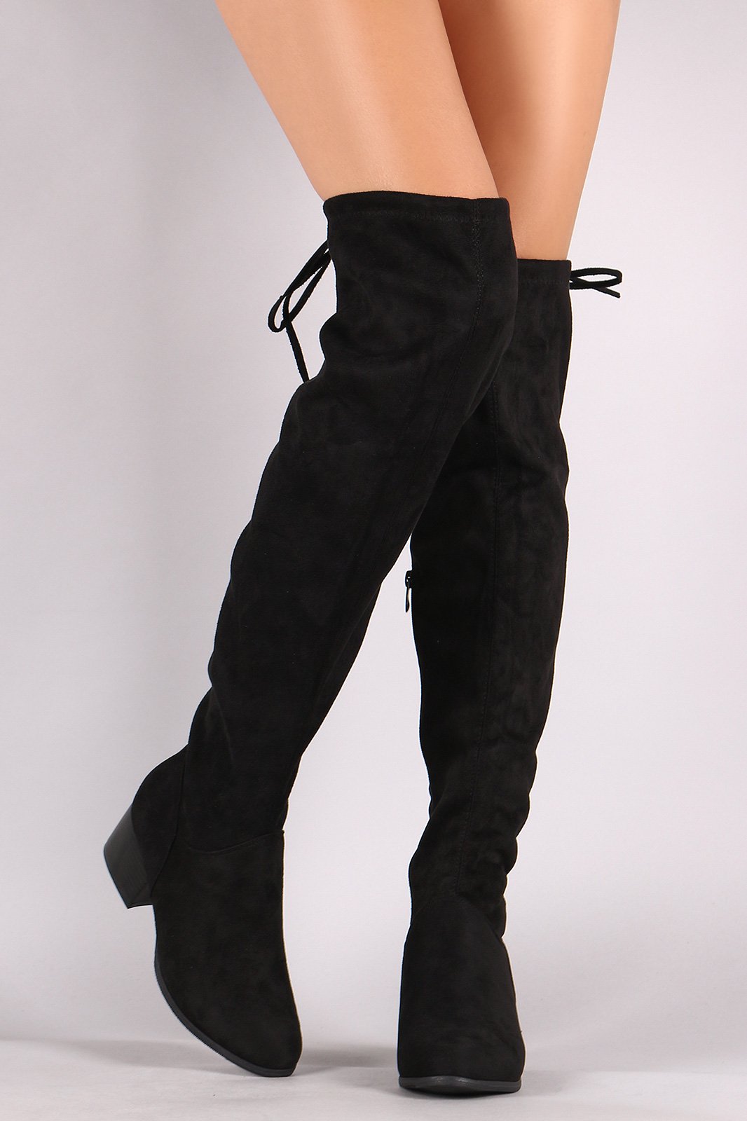 Suede Almond Toe Over-The-Knee Block Heeled Boots