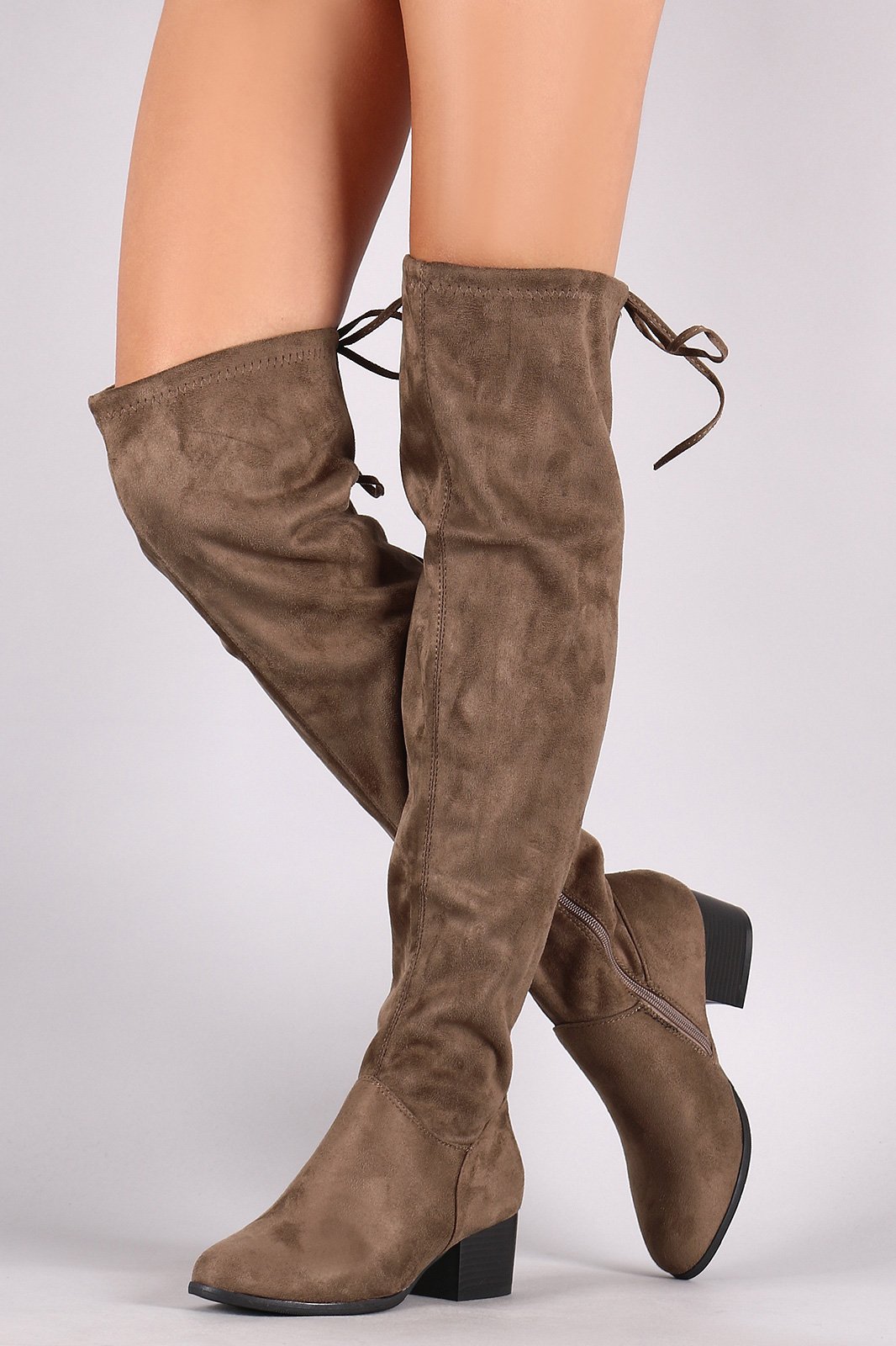Suede Almond Toe Over-The-Knee Block Heeled Boots