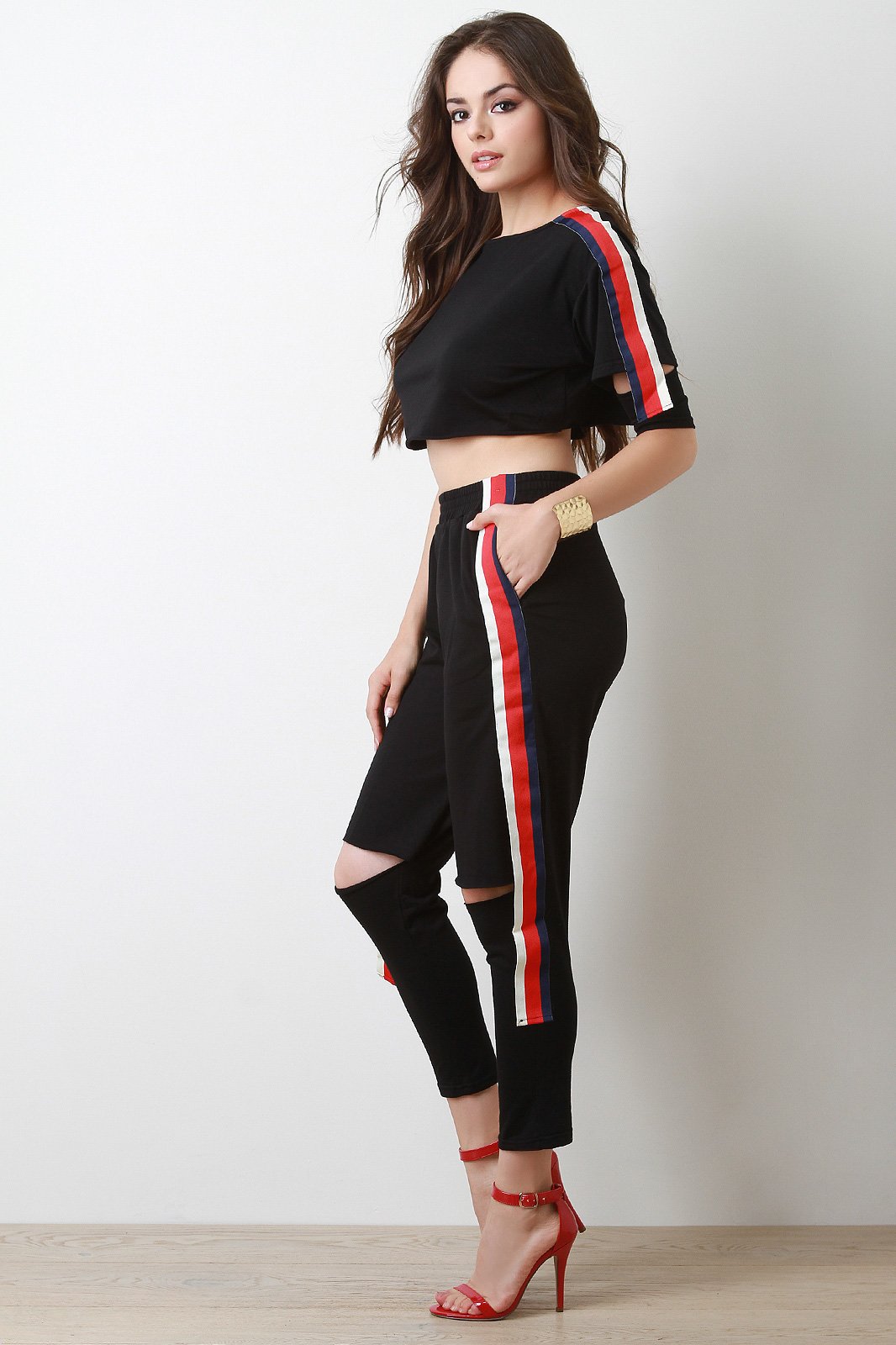 Striped Cutout Crop Top With High Waisted Pants Set