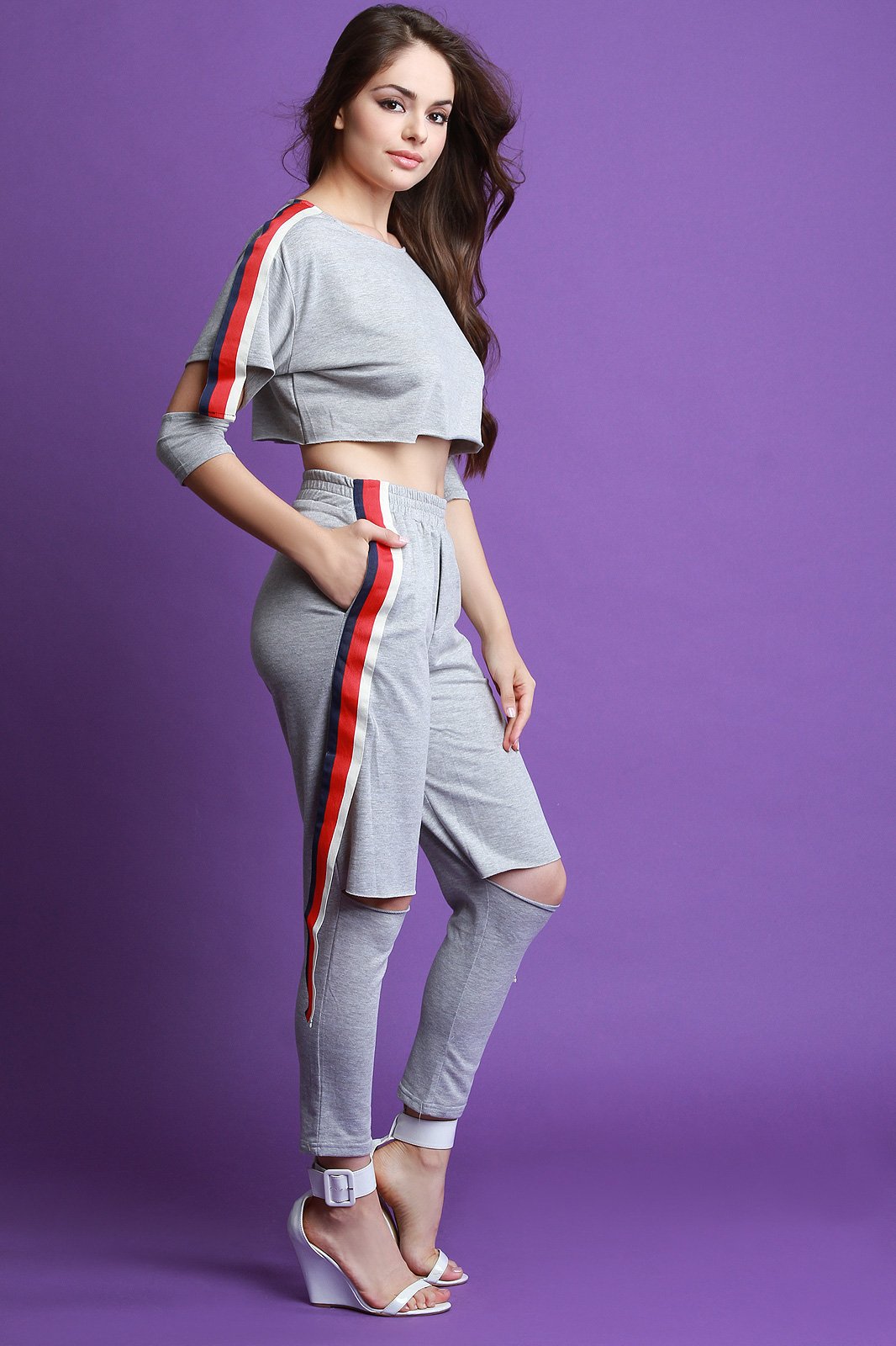 Striped Cutout Crop Top With High Waisted Pants Set