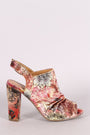 Bamboo Floral Print Ruched Velvet Slingback Chunky Mule Heel