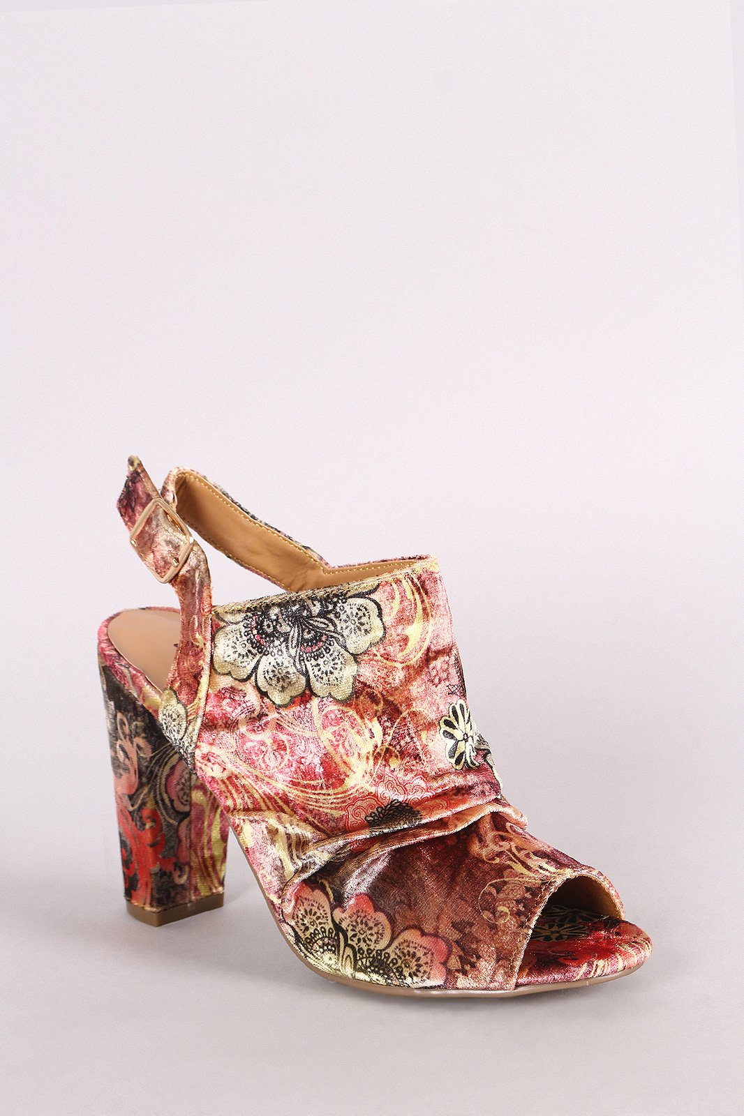 Bamboo Floral Print Ruched Velvet Slingback Chunky Mule Heel