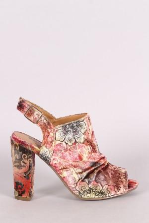 Bamboo Floral Print Ruched Velvet Slingback Chunky Mule Heel