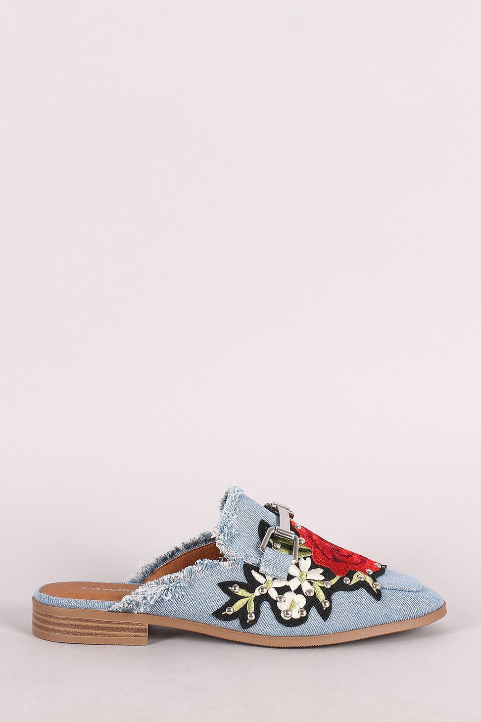 City Classified Embroidered Floral Frayed Denim Mule Flat