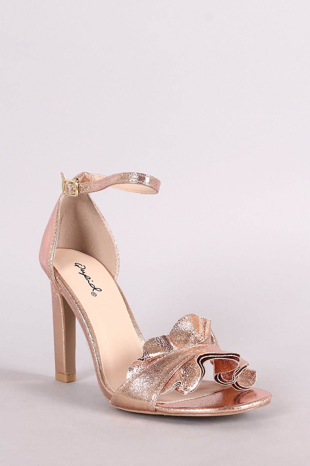 Qupid Ruffle Open Toe Ankle Strap Dress Heel