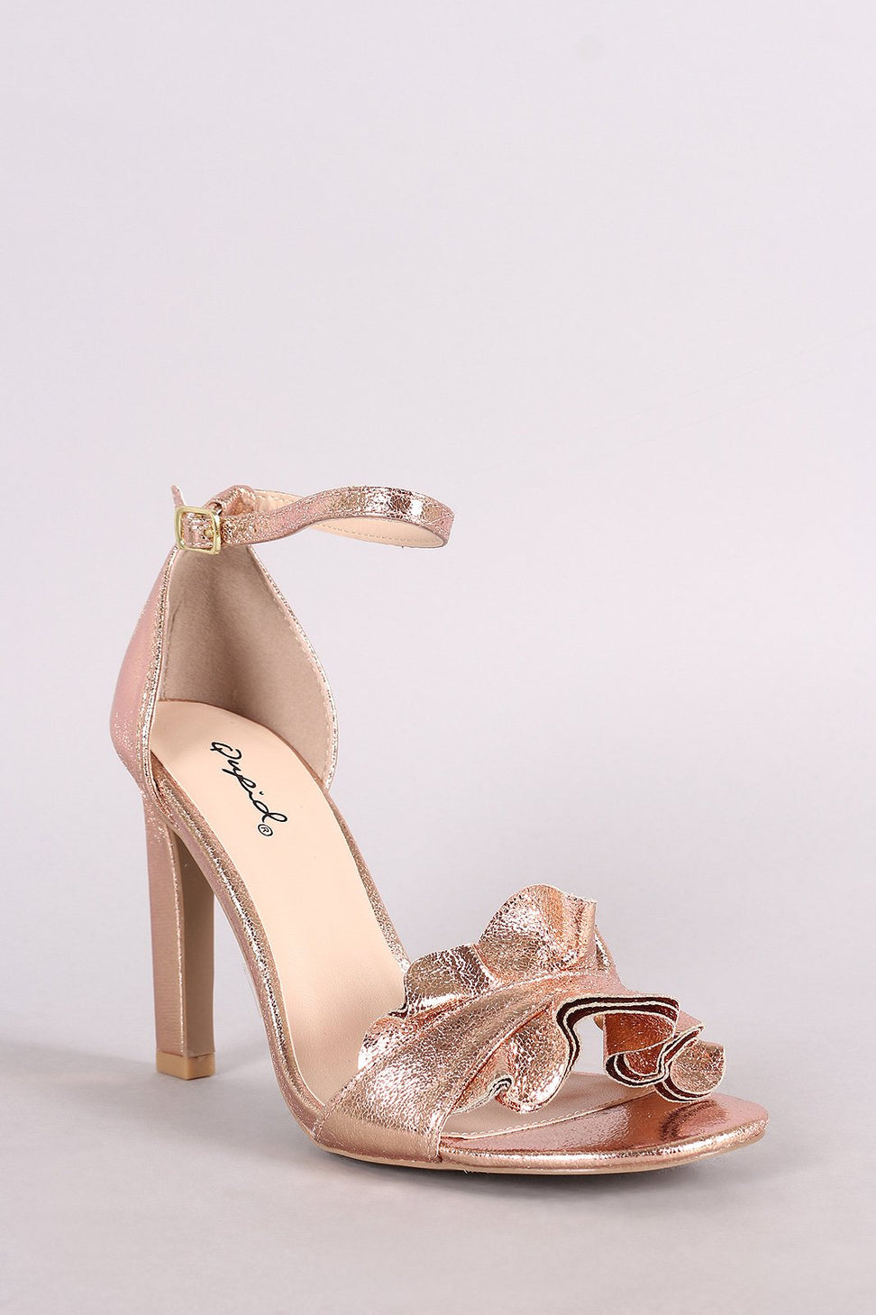 Qupid Ruffle Open Toe Ankle Strap Dress Heel