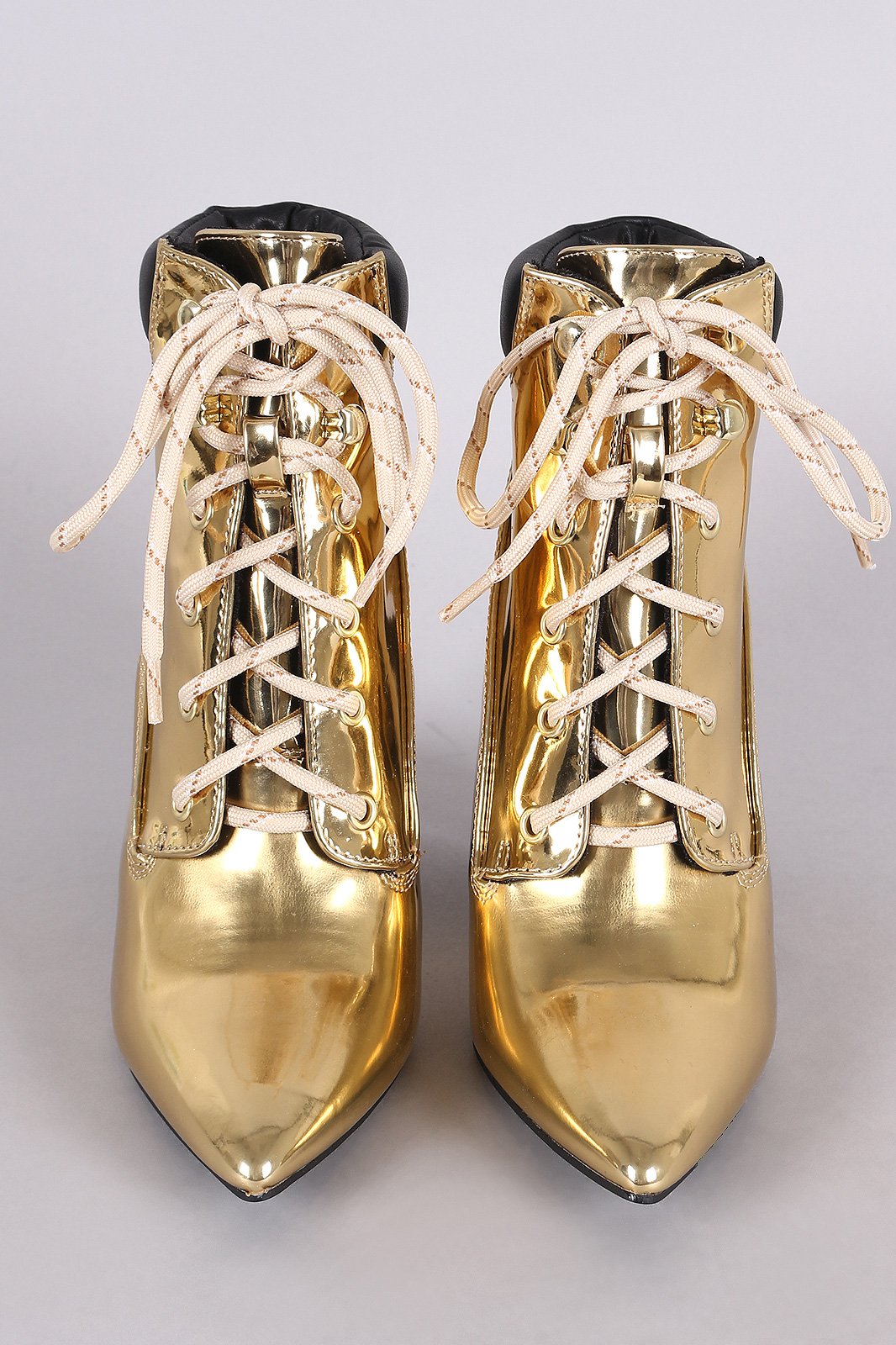 Qupid Metallic Chunky Heeled Combat Lace-Up Ankle Boots