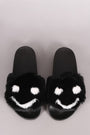 Qupid Faux Fur Smiley Face Open Toe Slide Sandal