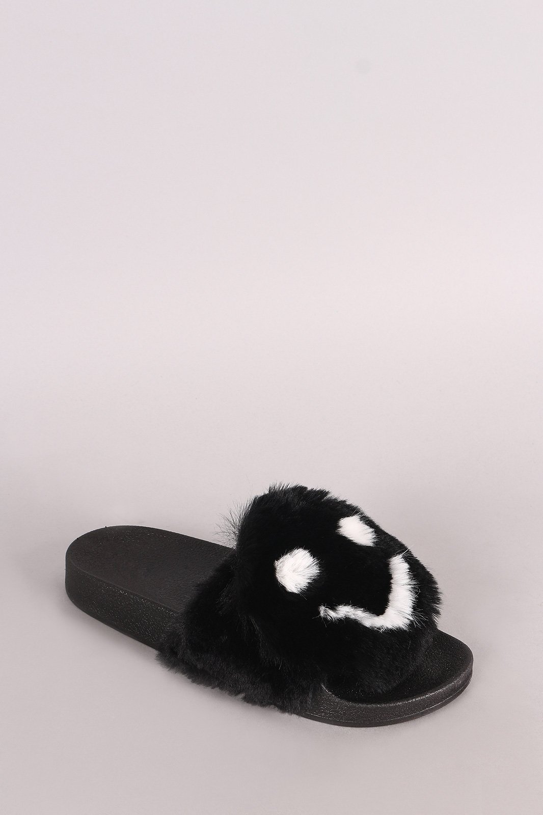 Qupid Faux Fur Smiley Face Open Toe Slide Sandal