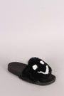 Qupid Faux Fur Smiley Face Open Toe Slide Sandal