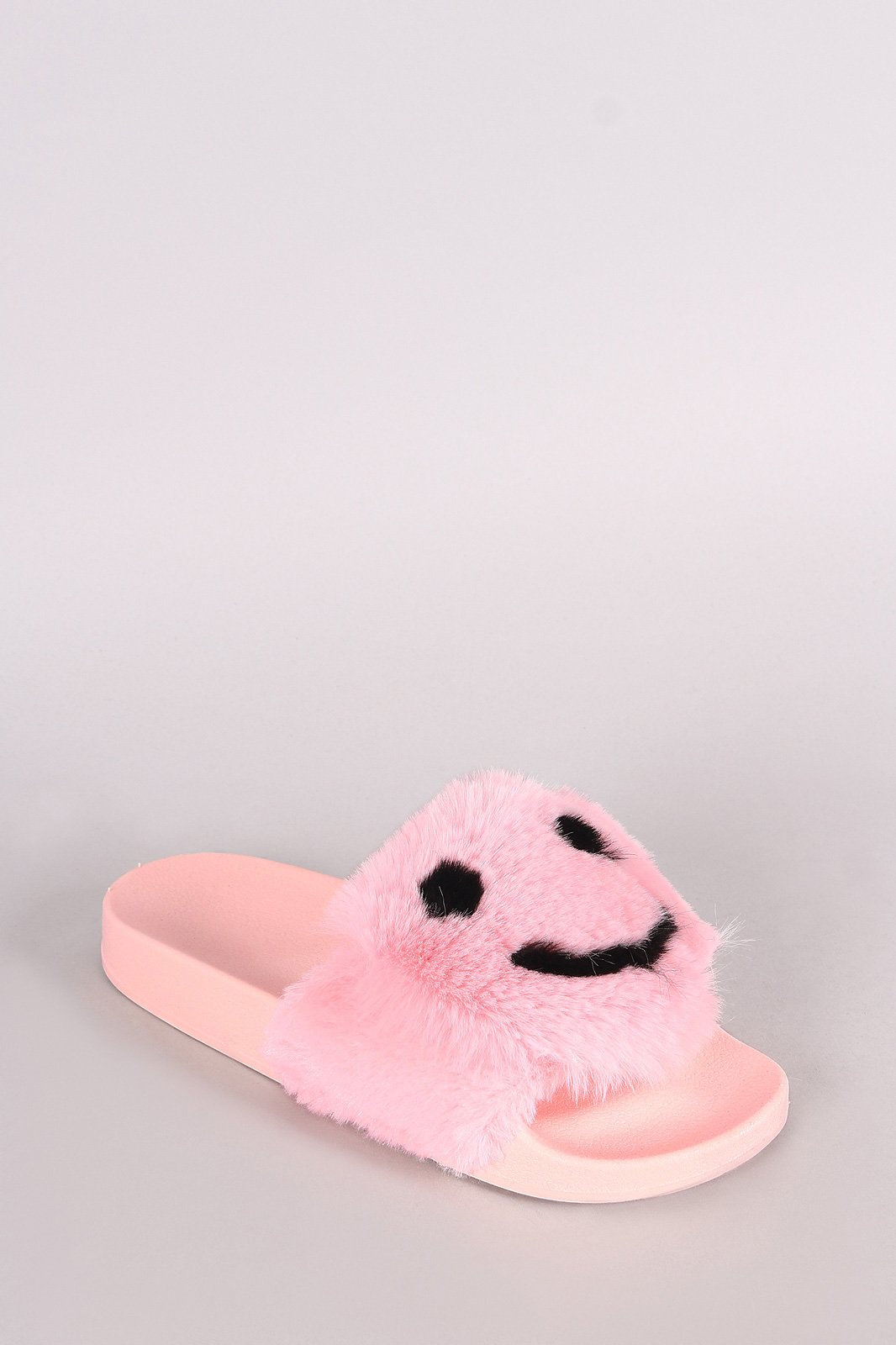 Qupid Faux Fur Smiley Face Open Toe Slide Sandal