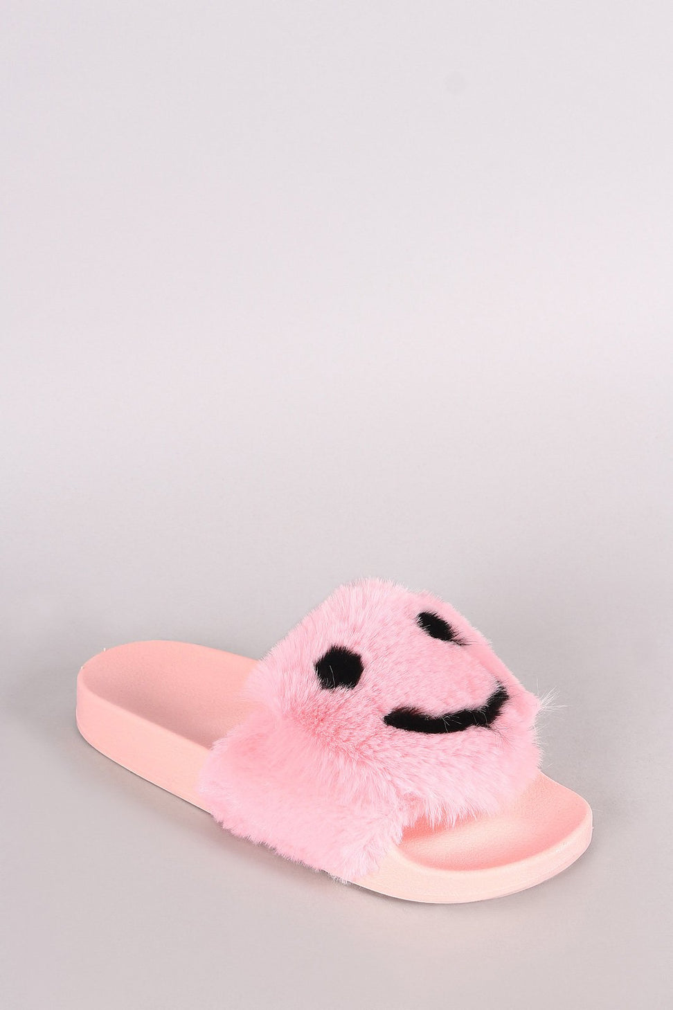 Qupid Faux Fur Smiley Face Open Toe Slide Sandal