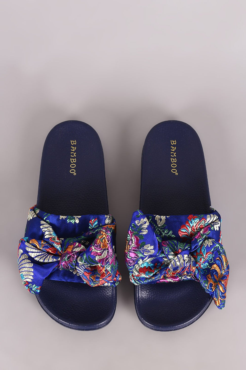Bamboo Satin Embroidered Brocade Bow Slide Sandal