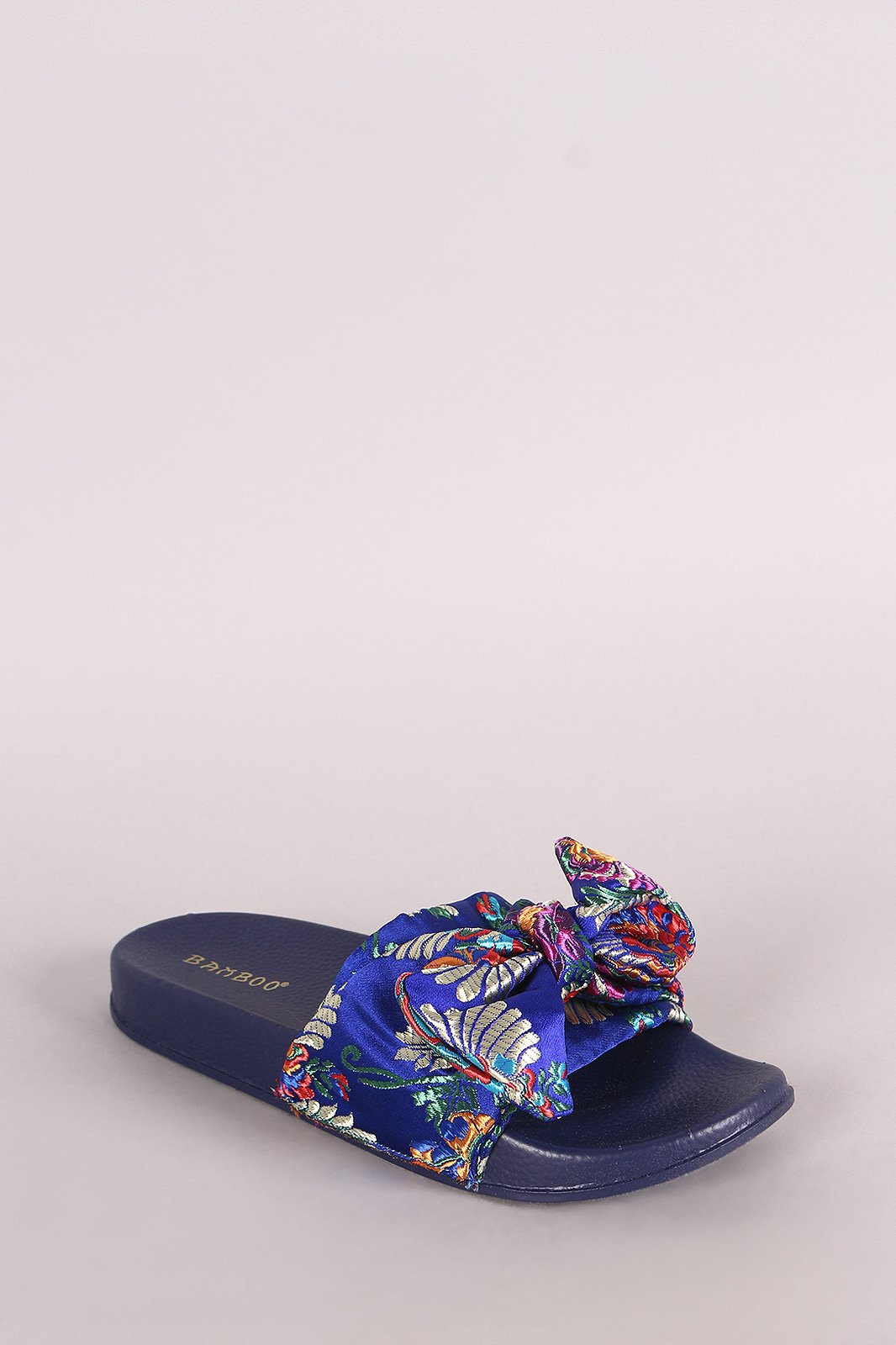 Bamboo Satin Embroidered Brocade Bow Slide Sandal