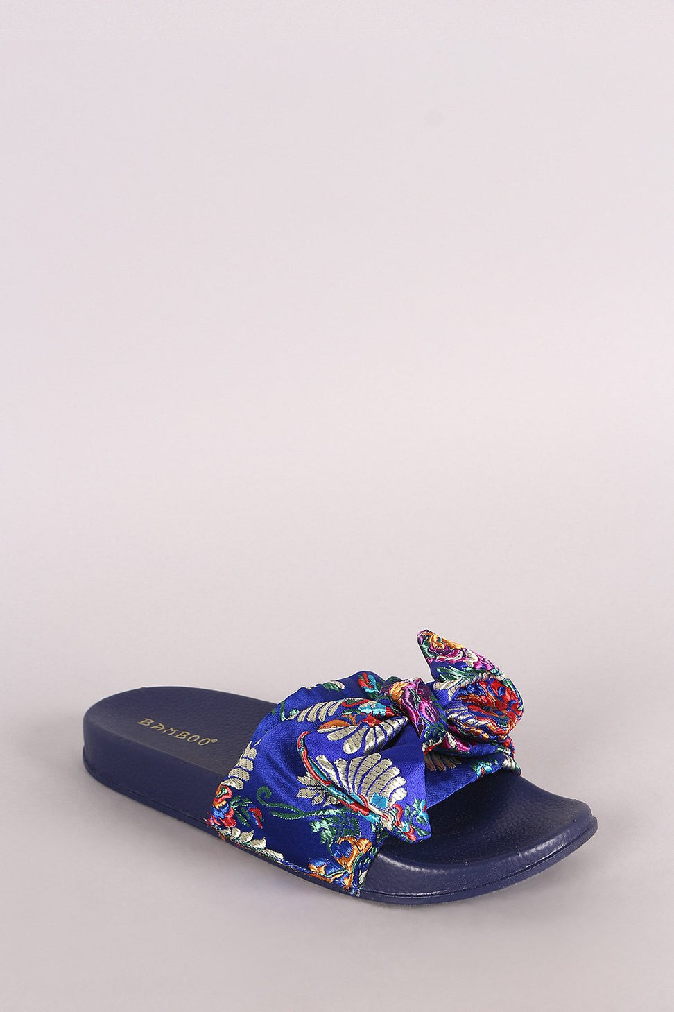 Bamboo Satin Embroidered Brocade Bow Slide Sandal
