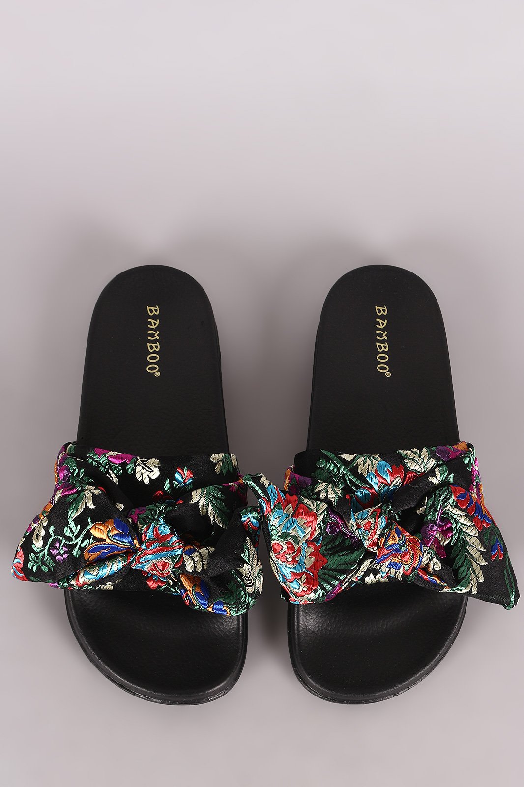 Bamboo Satin Embroidered Brocade Bow Slide Sandal